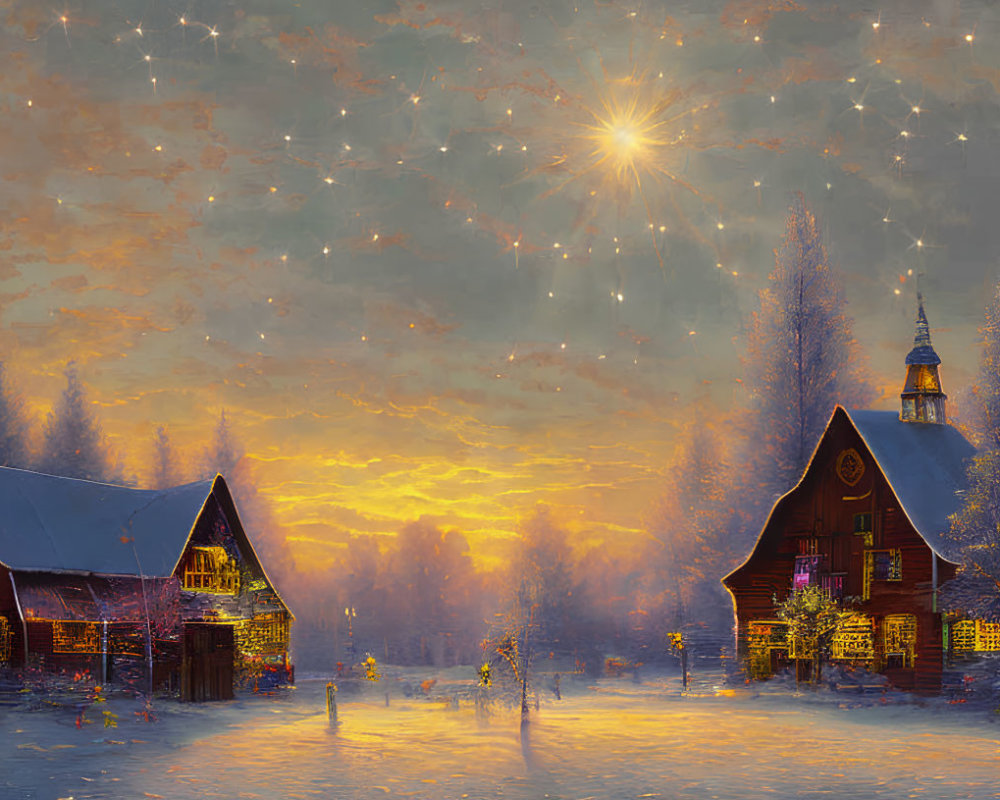 Snowy Winter Village Scene with Cozy Houses and Starry Sky