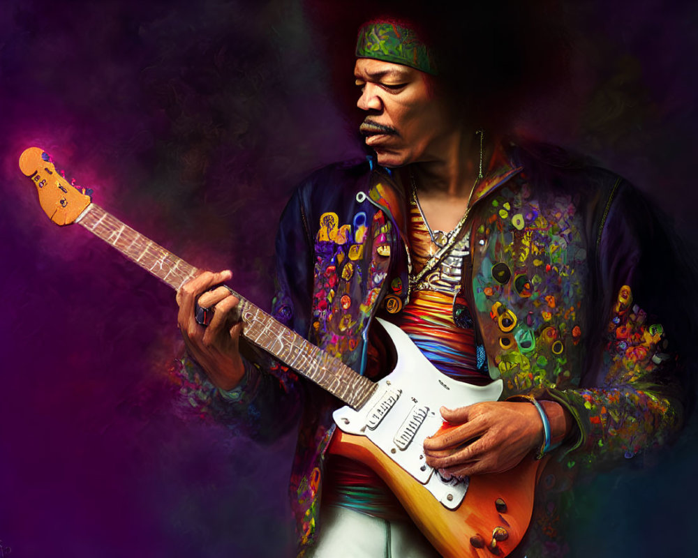 Colorful Outfit Guitar Player with White Electric Guitar on Psychedelic Purple Background