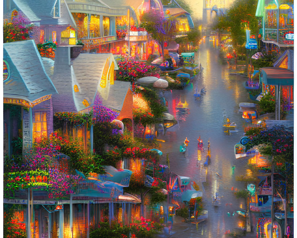 Colorful Dusk Street Scene with Illuminated Buildings and Water Channel