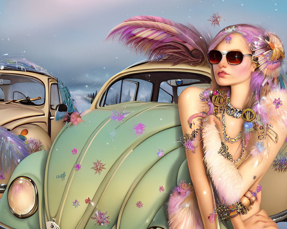 Fantasy character with avian features and vintage cars in snowy landscape