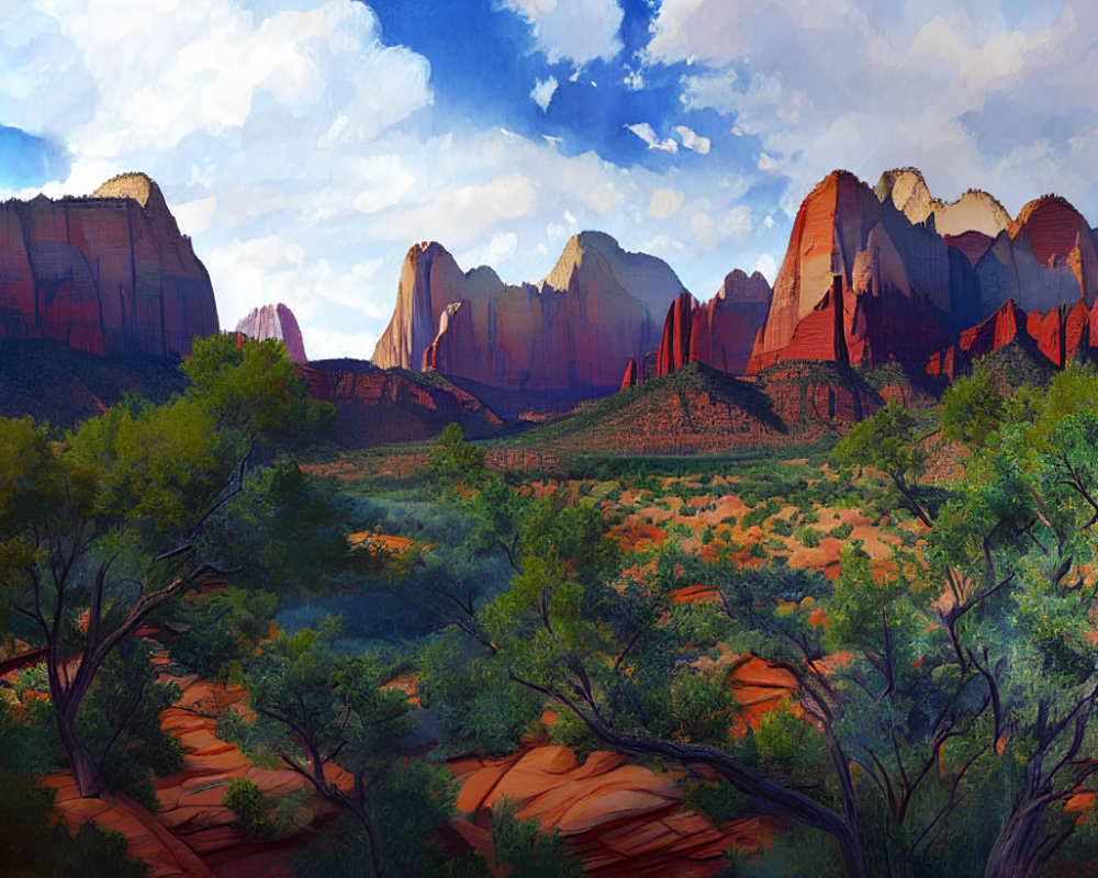 Colorful desert landscape with red rock formations and greenery