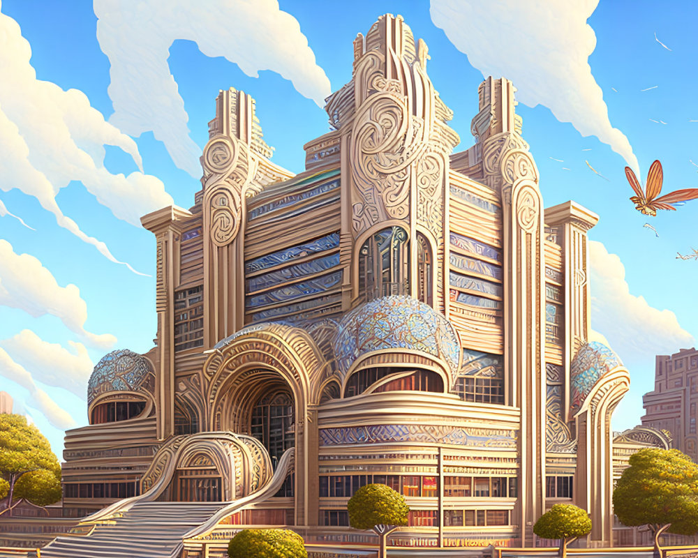 Futuristic Art Deco Building with Glass Domes and Flying Vehicles