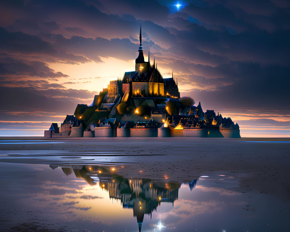 Twilight view of Mont Saint-Michel with star reflection