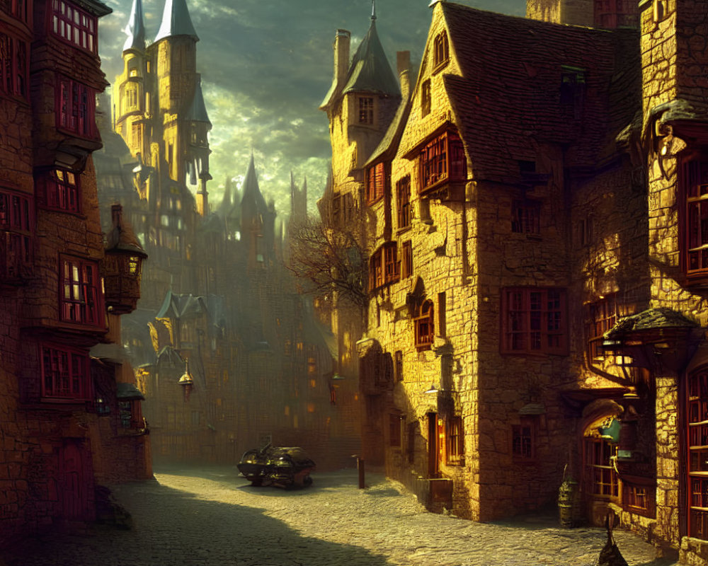 Medieval town cobblestone street with vintage car and stone buildings at golden hour