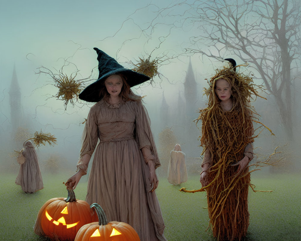 Two witches with pumpkins in eerie landscape with ghostly figures