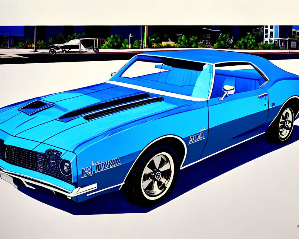 Vintage Blue Muscle Car with White Stripes Among Palm Trees