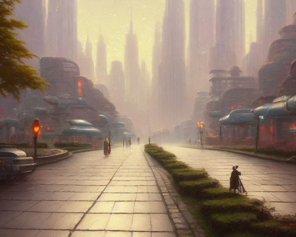 Futuristic cityscape at dusk with towering structures and individuals walking.