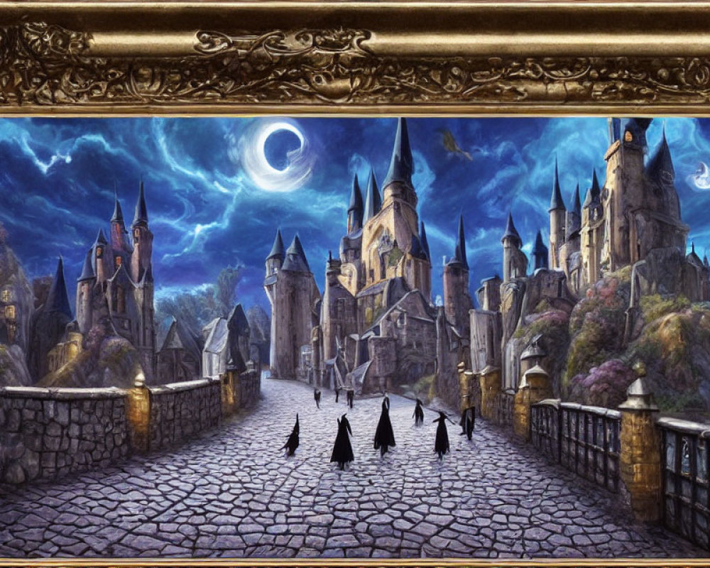 Fantasy painting: Majestic castle at twilight with robed figures on bridge under two moons
