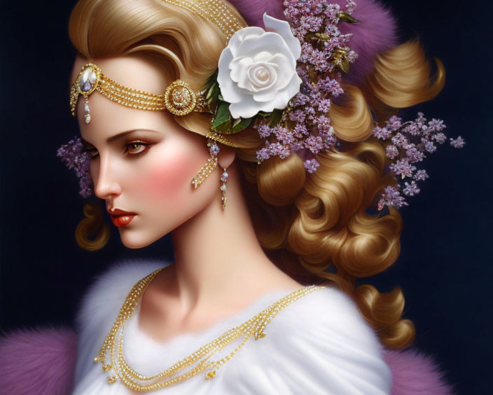 Classical portrait of elegant woman with gold headpiece, white rose, lavender, white dress, and