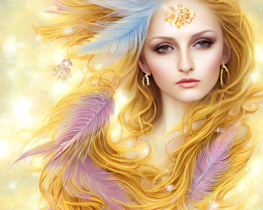 Fantastical image: Woman with golden hair, feather accessories, jewel, starry background