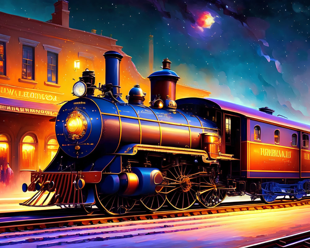 Colorful vintage steam locomotive at dusk station with galaxy hint