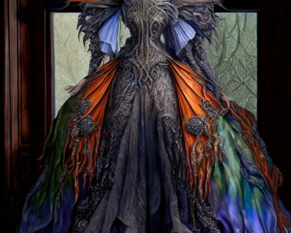 Colorful Fantasy Costume with Butterfly Wings and Flowing Gown