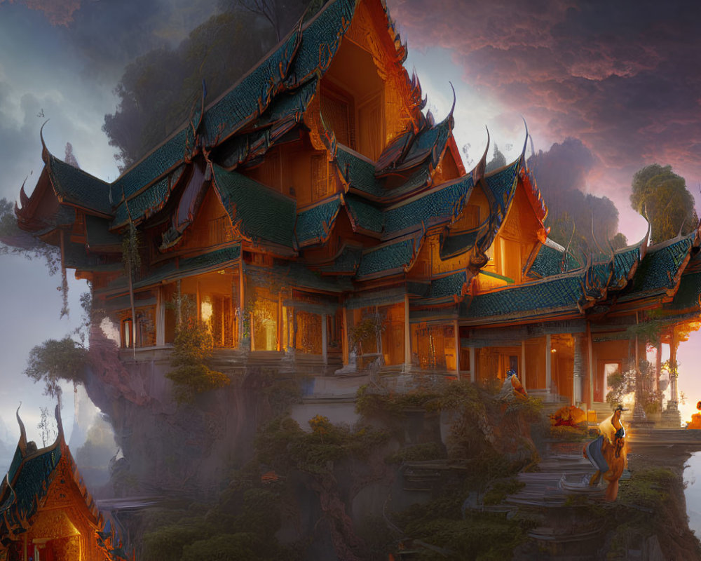 Fantasy temple on cliff with ornate roofs in lush forest sunset.