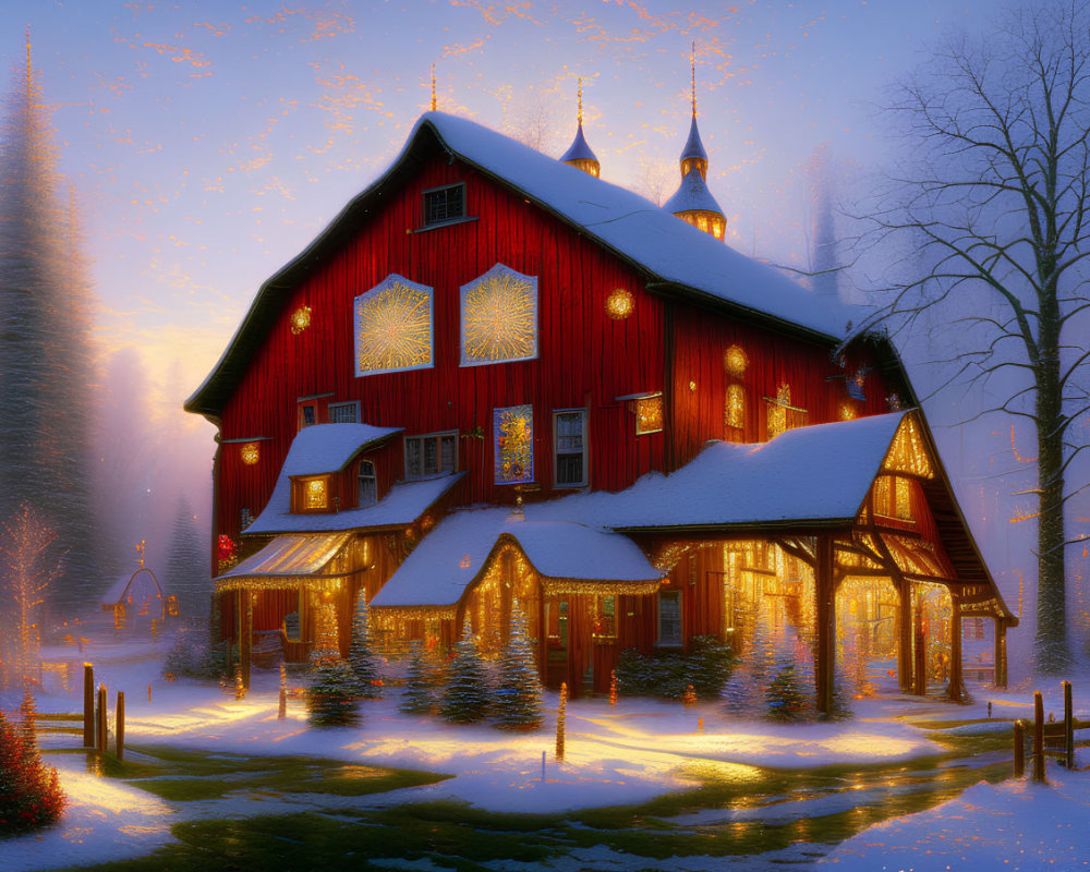 Snowy evening scene: Red barn with warm lights in winter snowfall