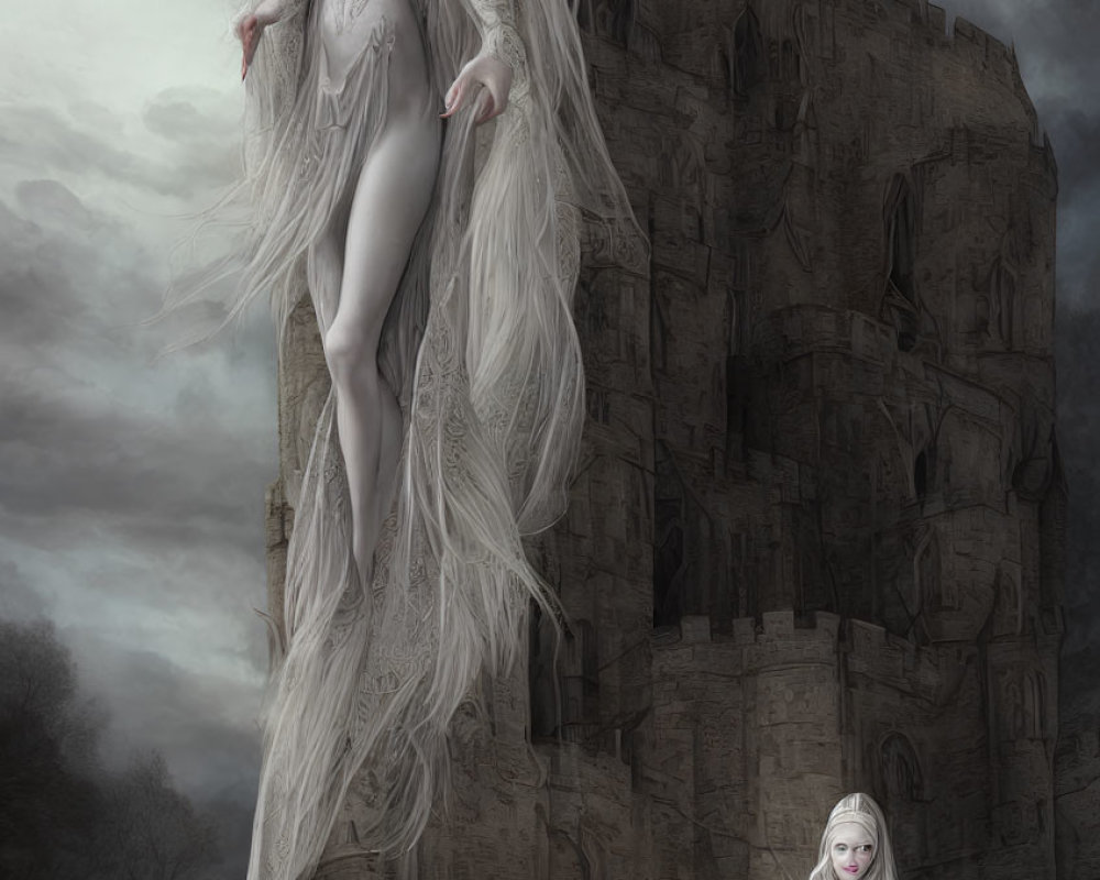 Long white hair woman floating over ancient castle in spectral form against brooding sky