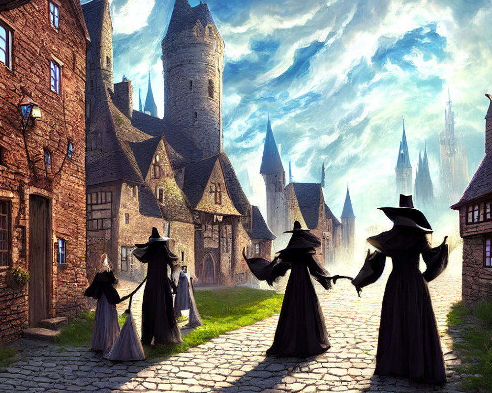 Medieval fantasy town: Cloaked figures on cobblestone street