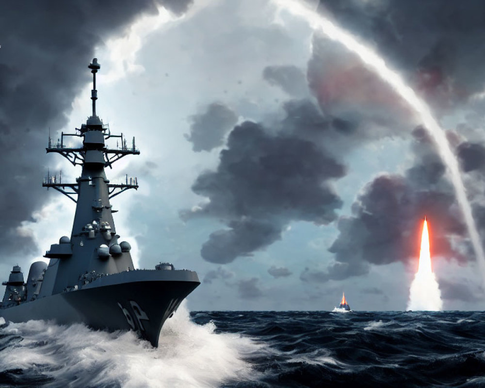 Military warship in stormy sea with distant explosion and fiery trails.
