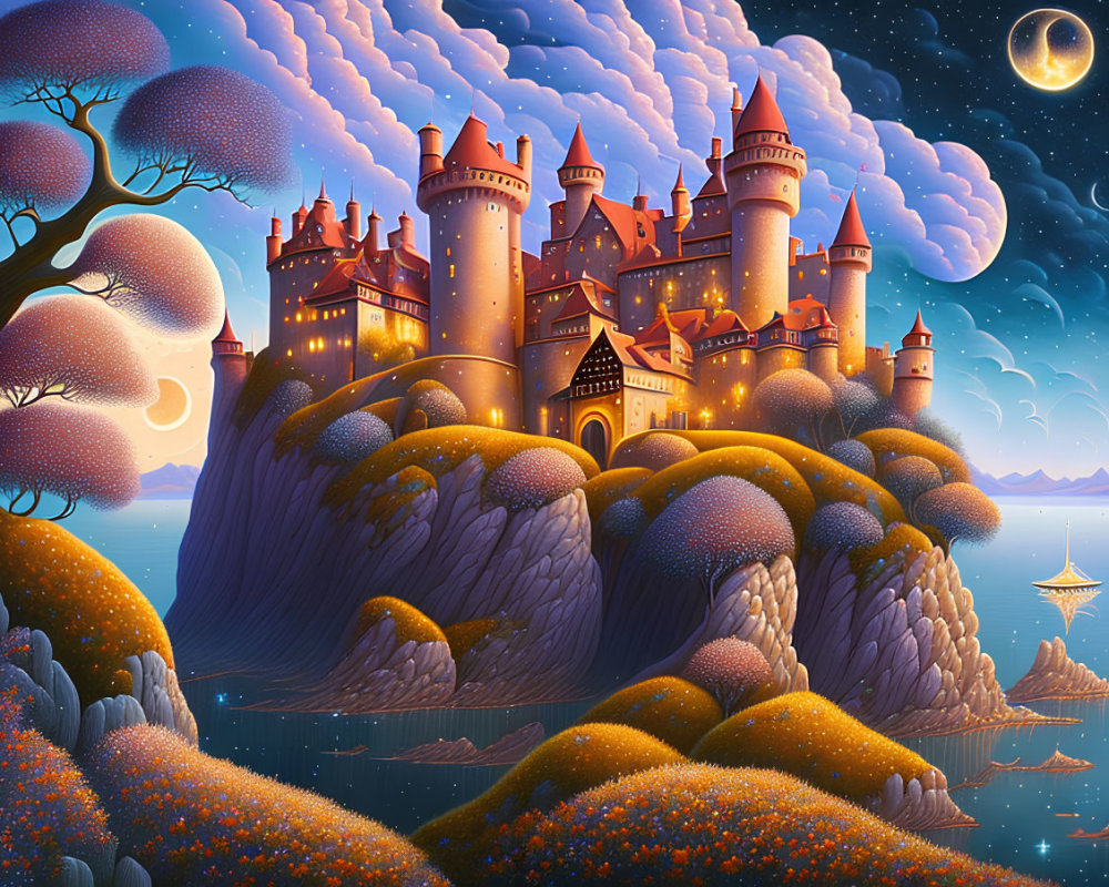 Grand castle on cliff-side under starry sky with crescent moon
