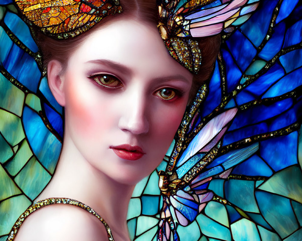 Digital Artwork: Woman with Iridescent Butterfly Wings in Stained Glass Background