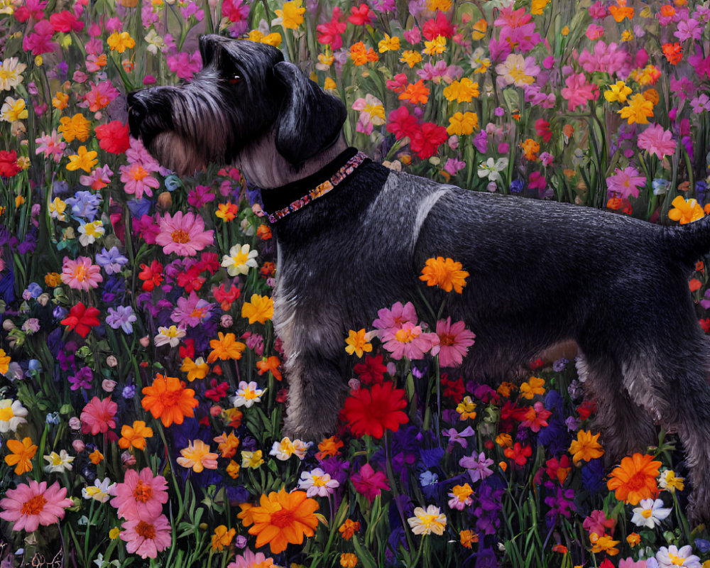 Schnauzer dog in colorful flower field blending with surroundings