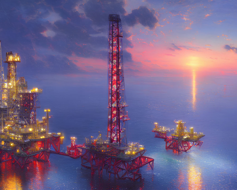 Vibrant sunset illuminates offshore oil rigs at dusk