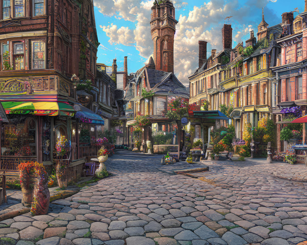 Colorful cobblestone street with vibrant buildings and lush greenery.