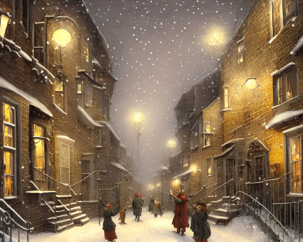 Snow-covered Street at Night with Warm Streetlights and Festive Winter Atmosphere