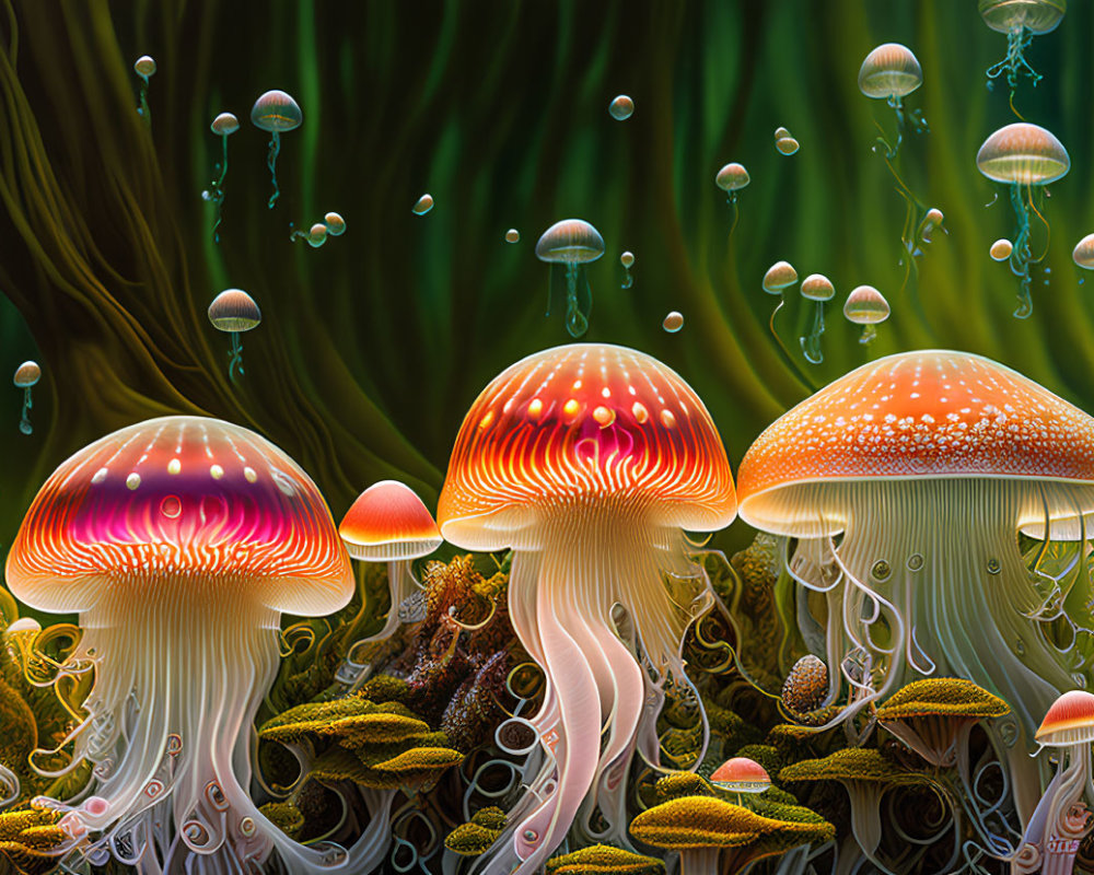 Colorful Digital Art: Glowing Jellyfish Mushrooms in Dark Foliage
