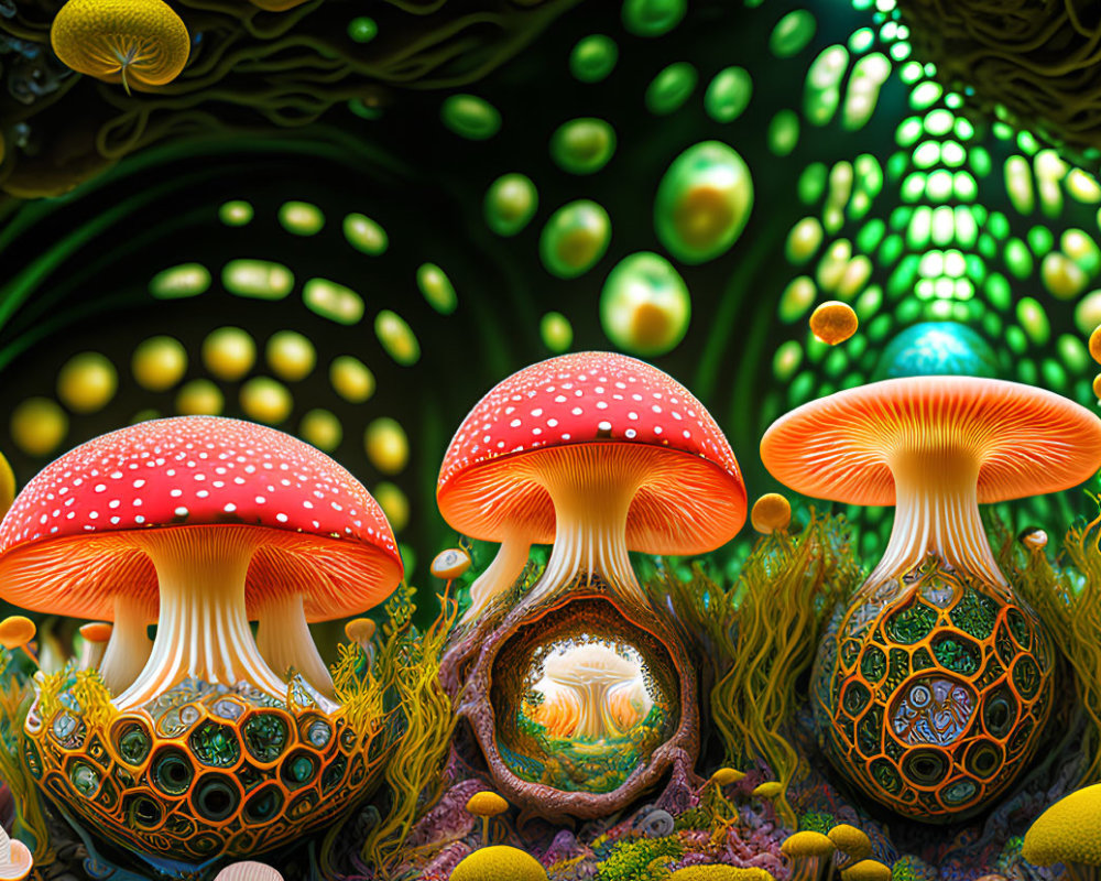 Colorful digital artwork featuring whimsical mushrooms in a fantasy setting