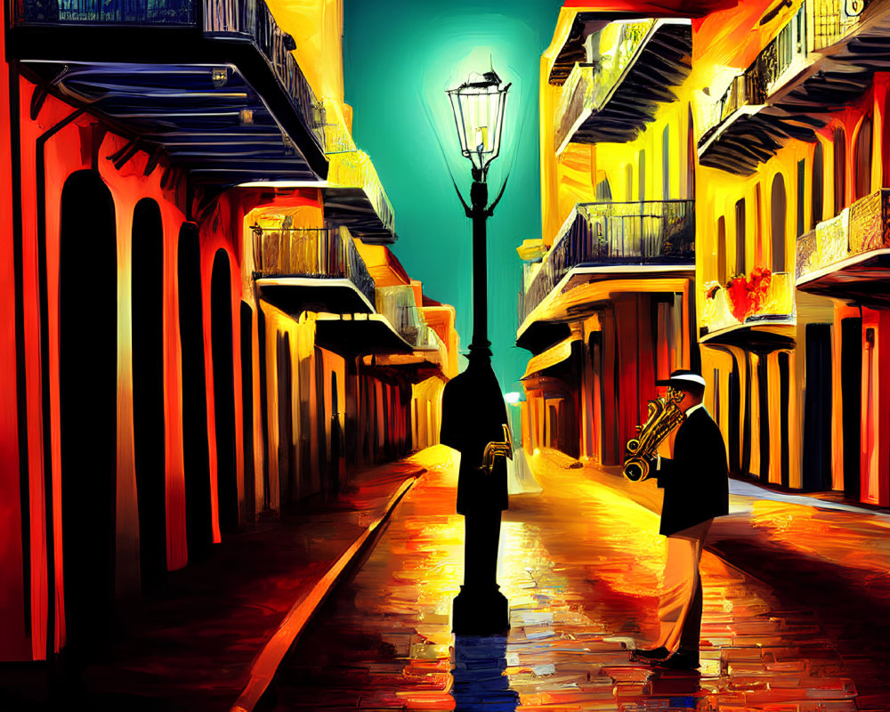 Colorful dusk street scene with glowing lamp and saxophonist silhouette