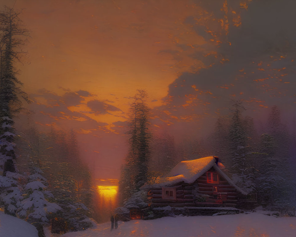 Snow-covered wooden cabin surrounded by trees in warm sunset glow