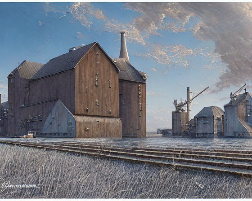 Industrial landscape with grain elevators and train tracks under clear blue sky