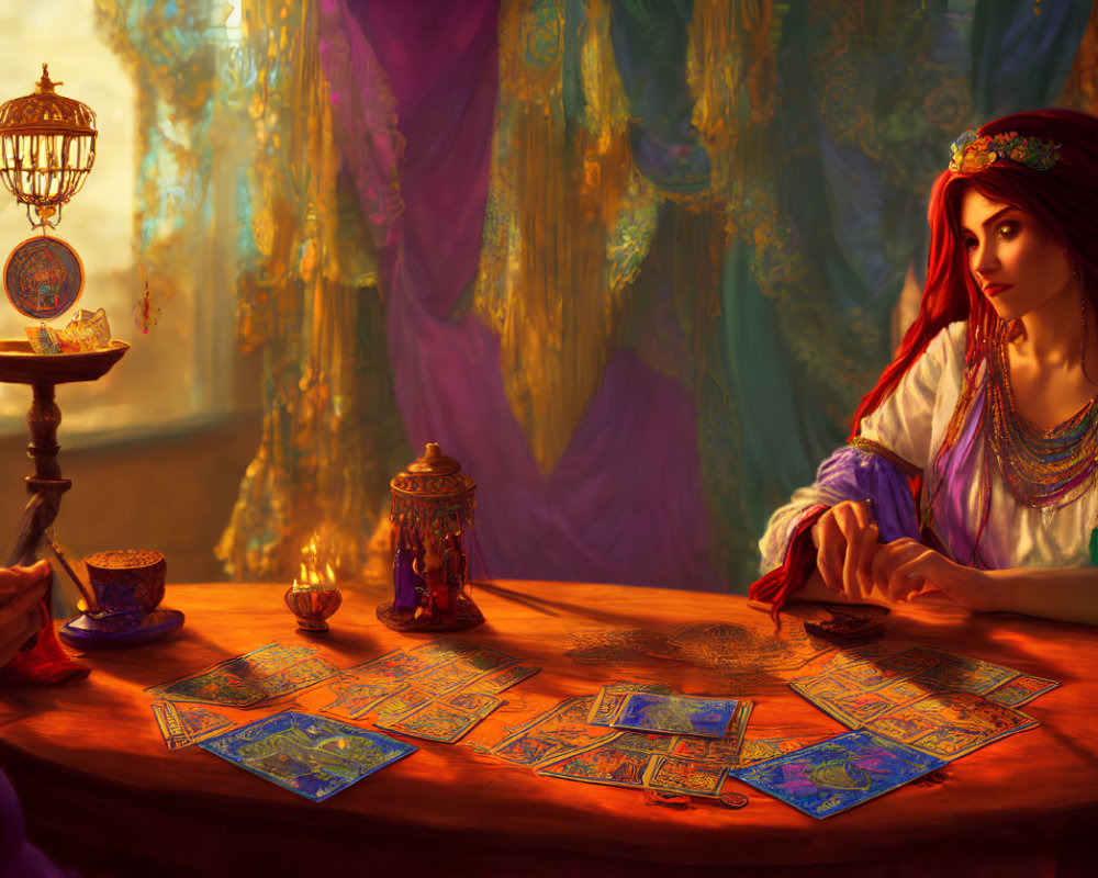 Red-haired woman with tarot cards in mystical setting