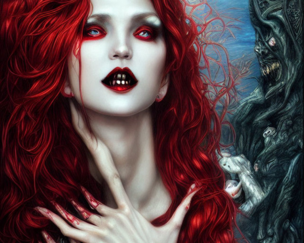 Vivid red-haired woman with striking red lips and haunting mirror reflection.