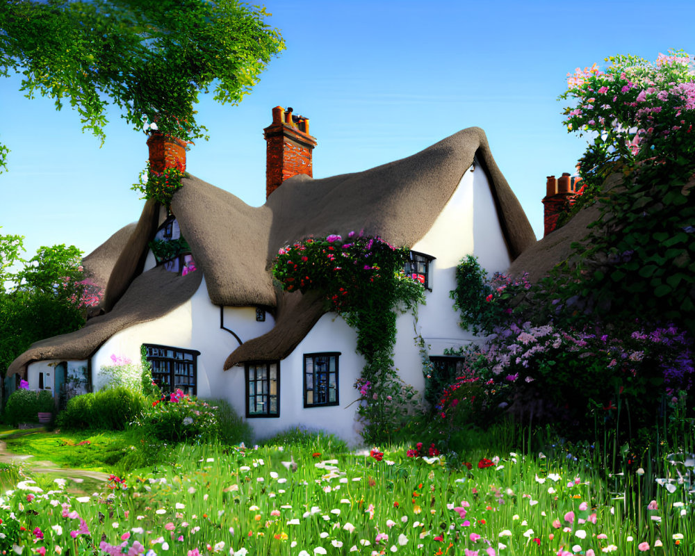 Thatched Cottage with Blooming Flowers and Roses in Lush Garden