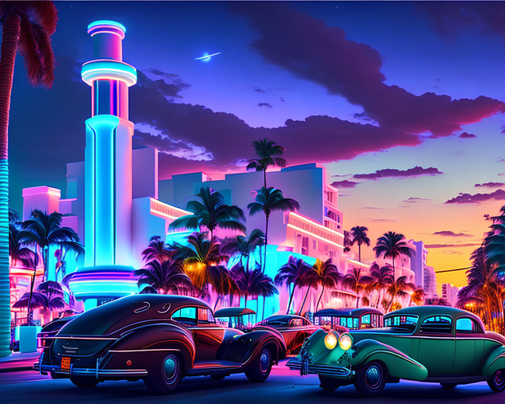 Colorful retro-futuristic cityscape with neon-lit Art Deco buildings