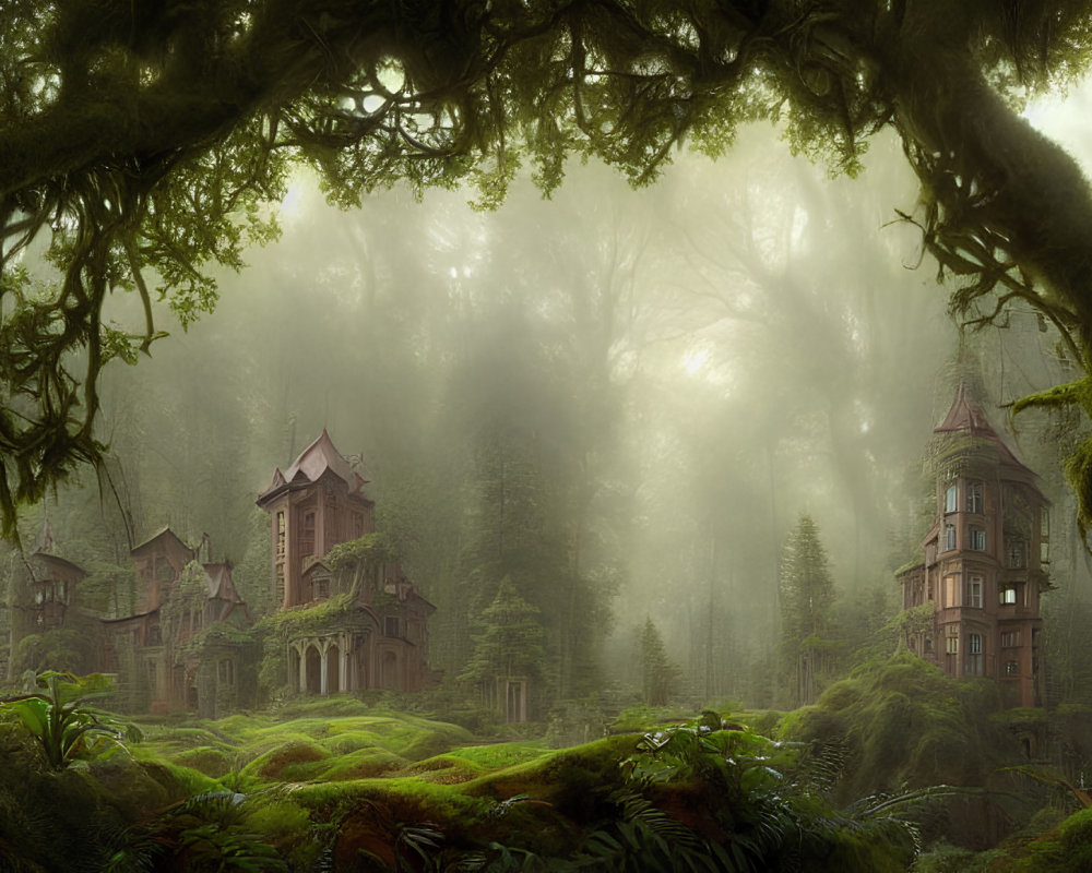 Enchanting forest scene with old ornate buildings in foggy ambiance
