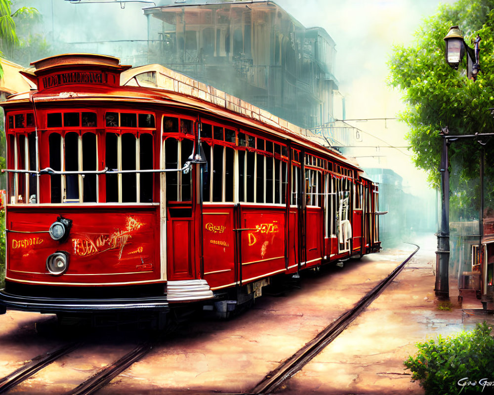 Red Vintage Tram Painting in City Setting