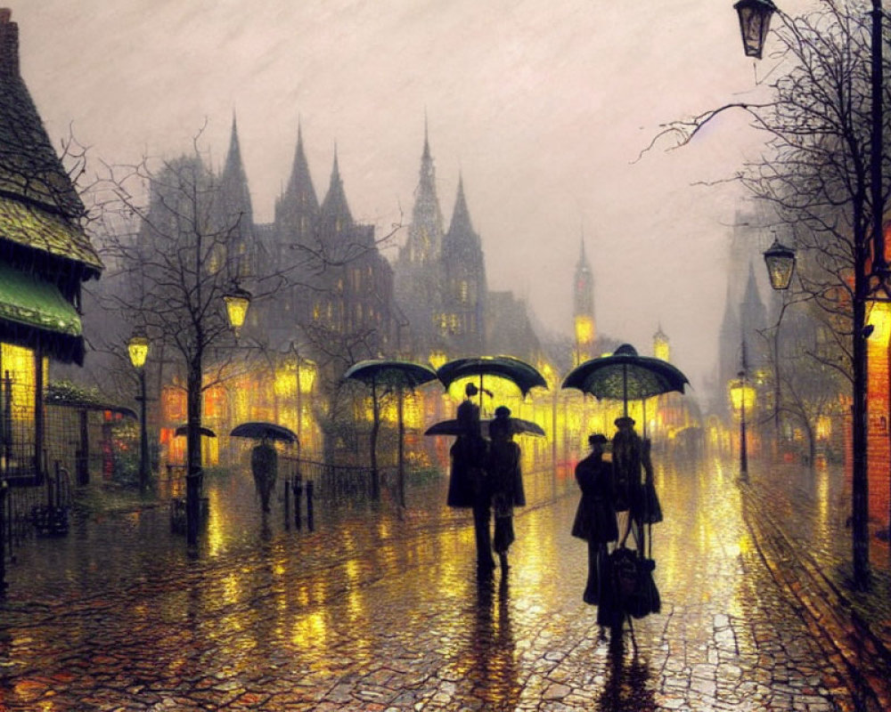 Rainy cobblestone street with people and umbrellas under warm street lights.