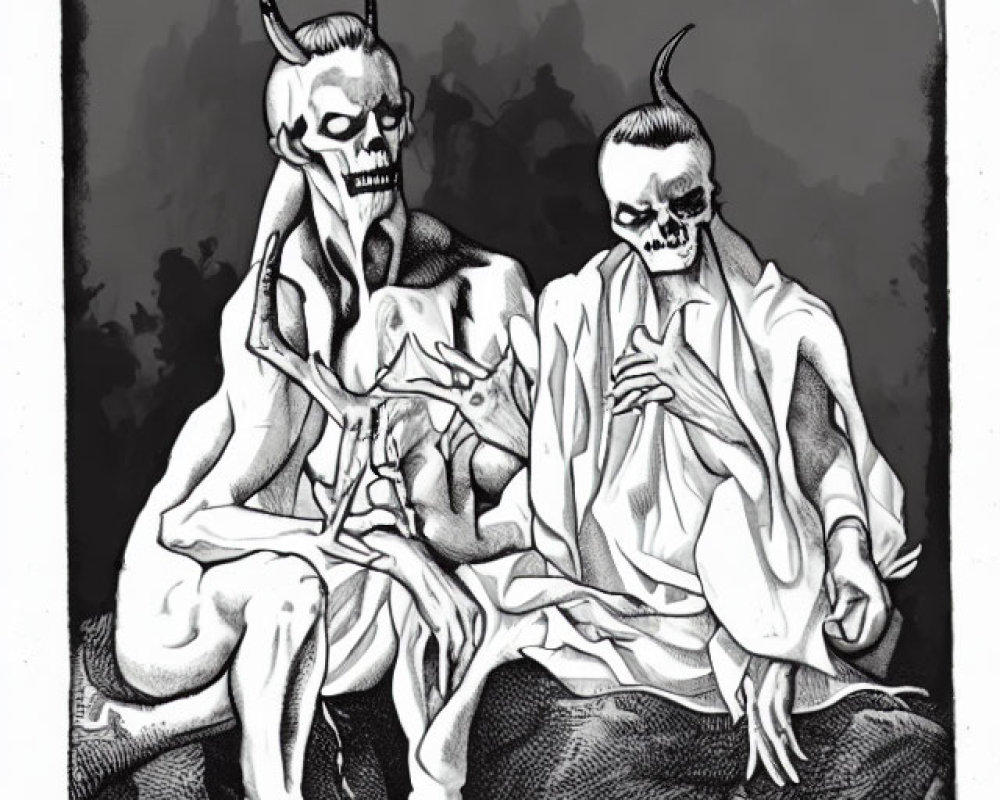 Monochrome illustration of skeletal figures with horns, draped in cloth, in a smoky ambiance.