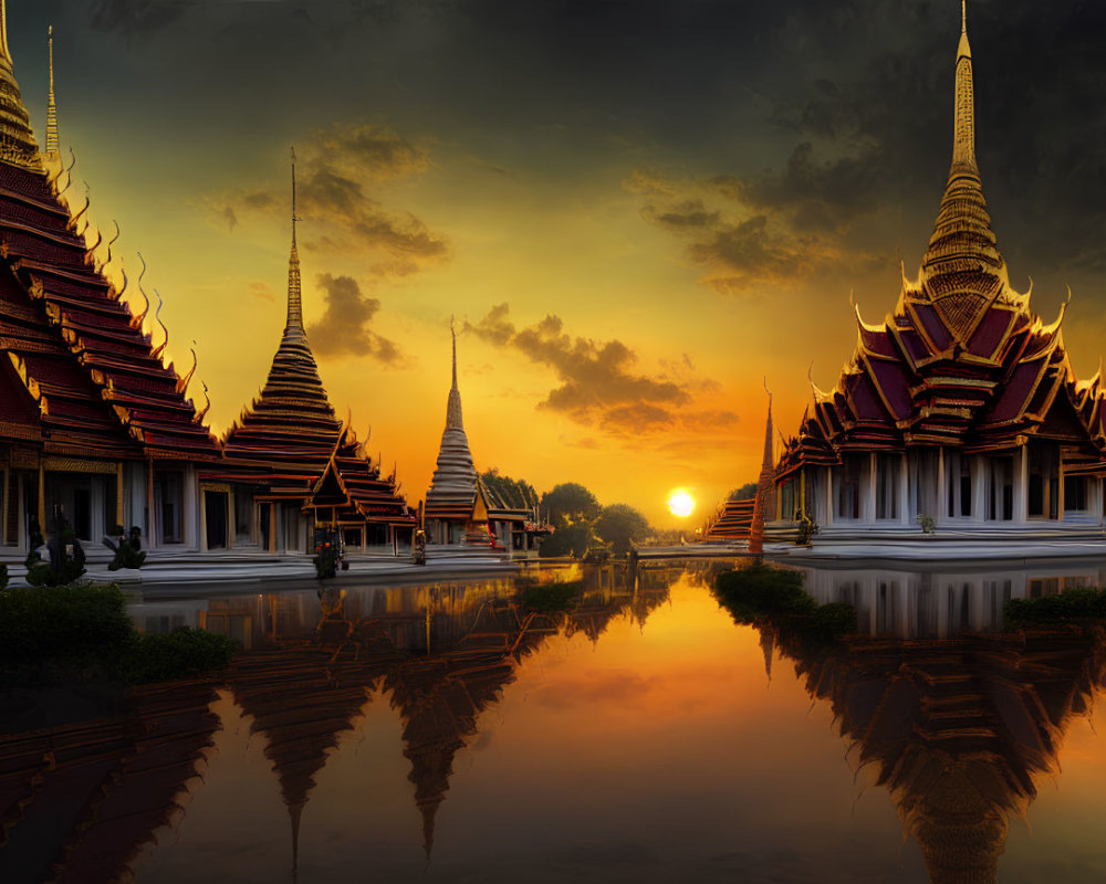 Golden spired Thai temples at sunset with reflections in water
