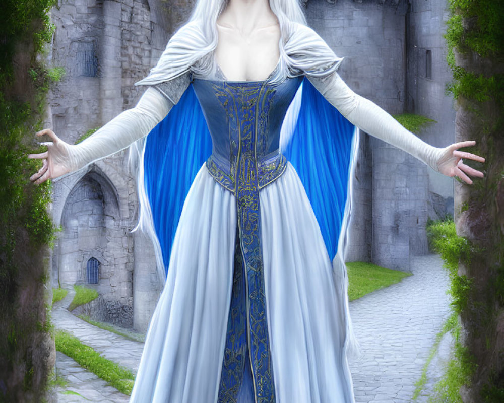 Regal woman with long white hair in blue and gold gown by ancient stone castle