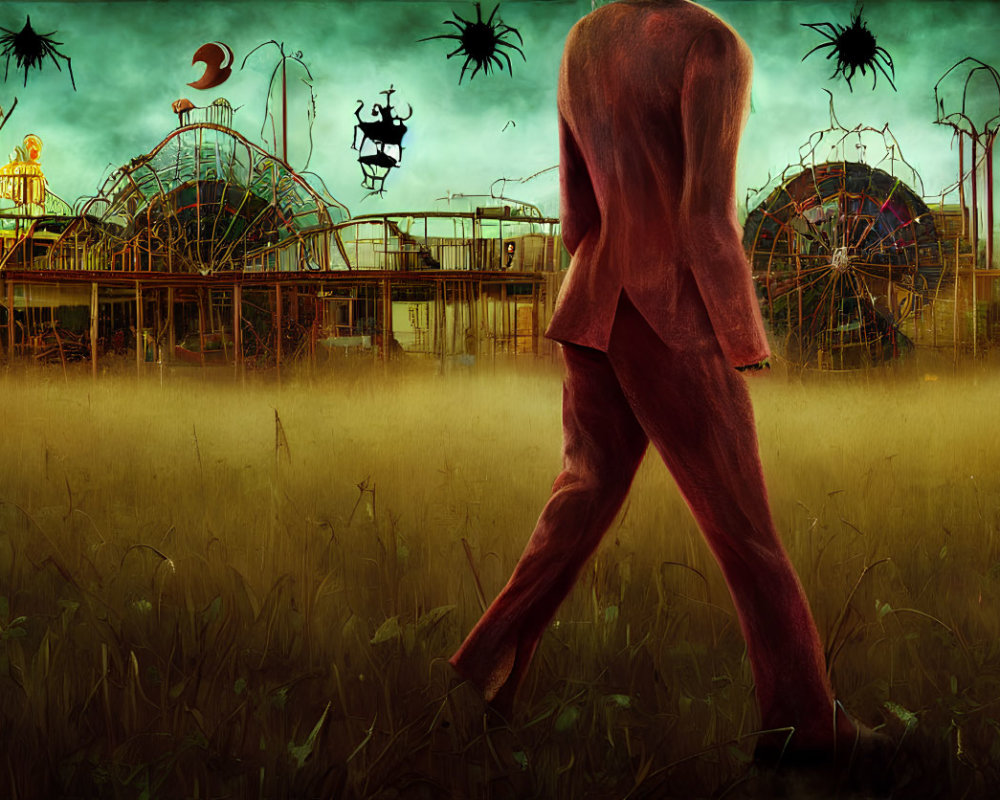 Surreal artwork: Faceless figures in suits near decrepit amusement park