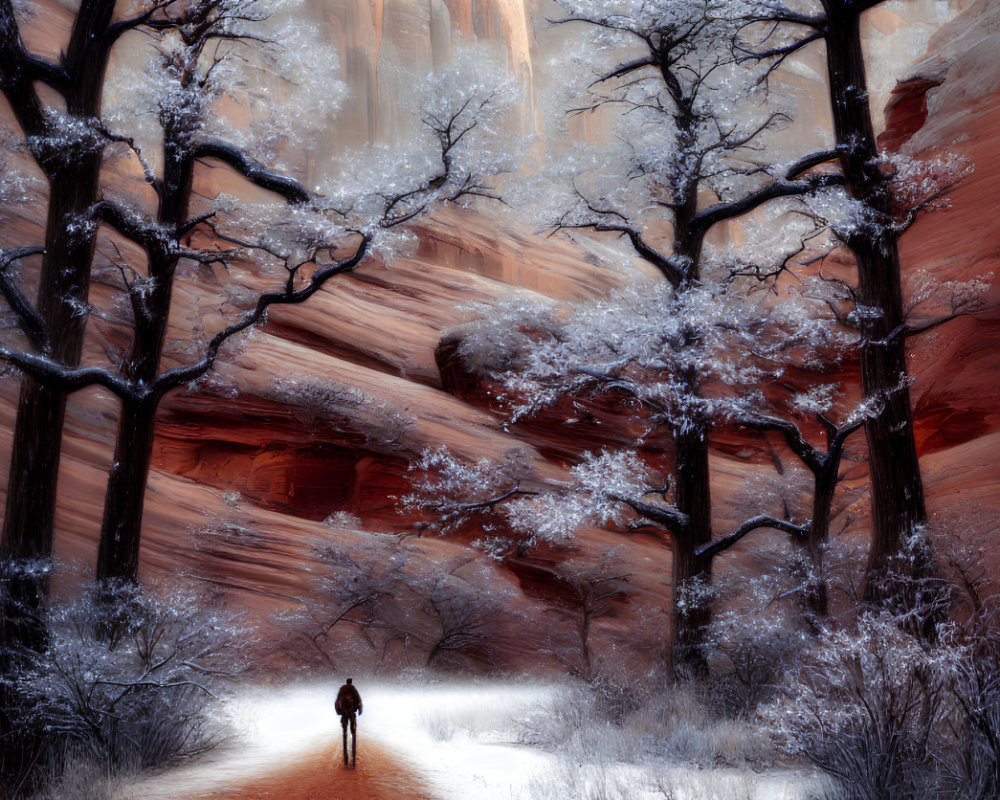 Snowy Path with Frosted Trees and Red Rock Canyon Walls