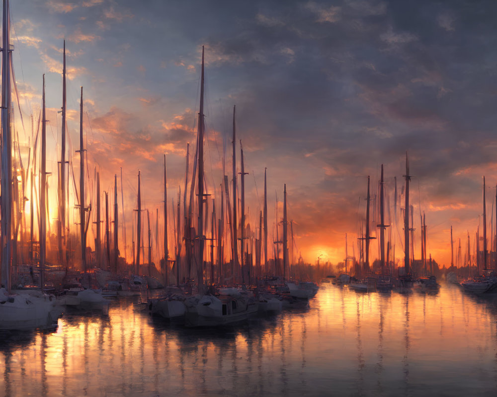 Sailboats in serene marina under dramatic sunset sky