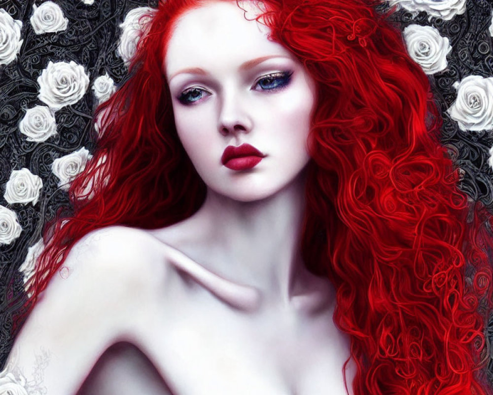Vibrant red-haired woman with red lips among white roses and dark patterns