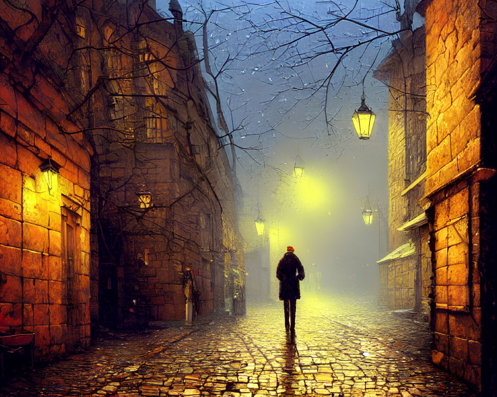 Solitary figure walking in misty cobblestone alley at dusk