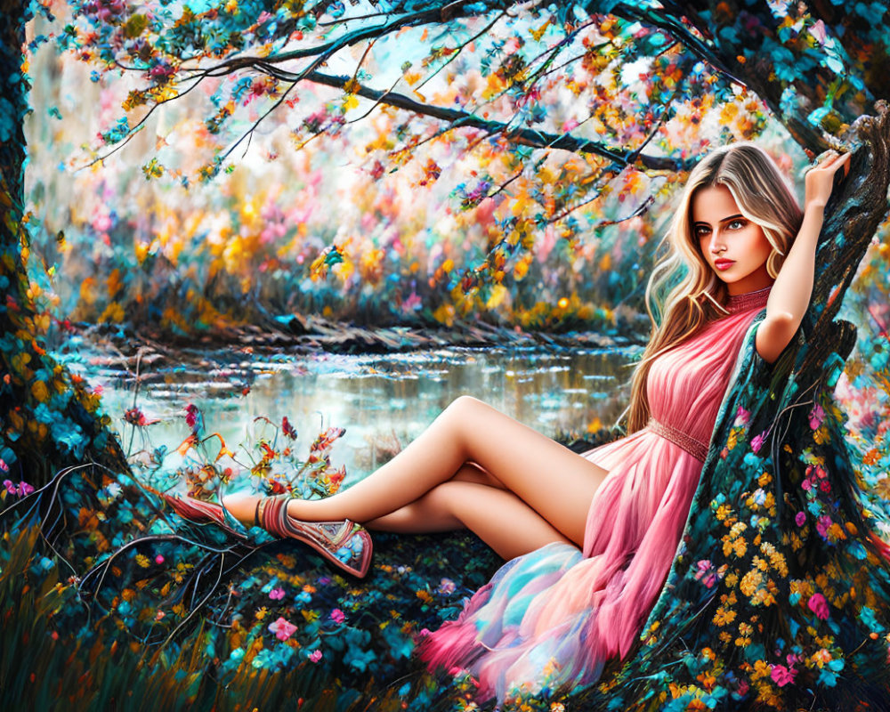 Woman in Pink Dress Relaxing by Blooming Tree and Tranquil River