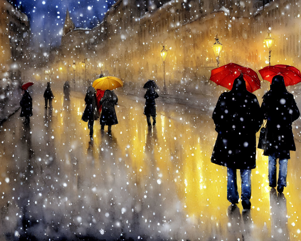 Snowy Night Street Scene: People with Umbrellas Walking under Illuminated Streetlights
