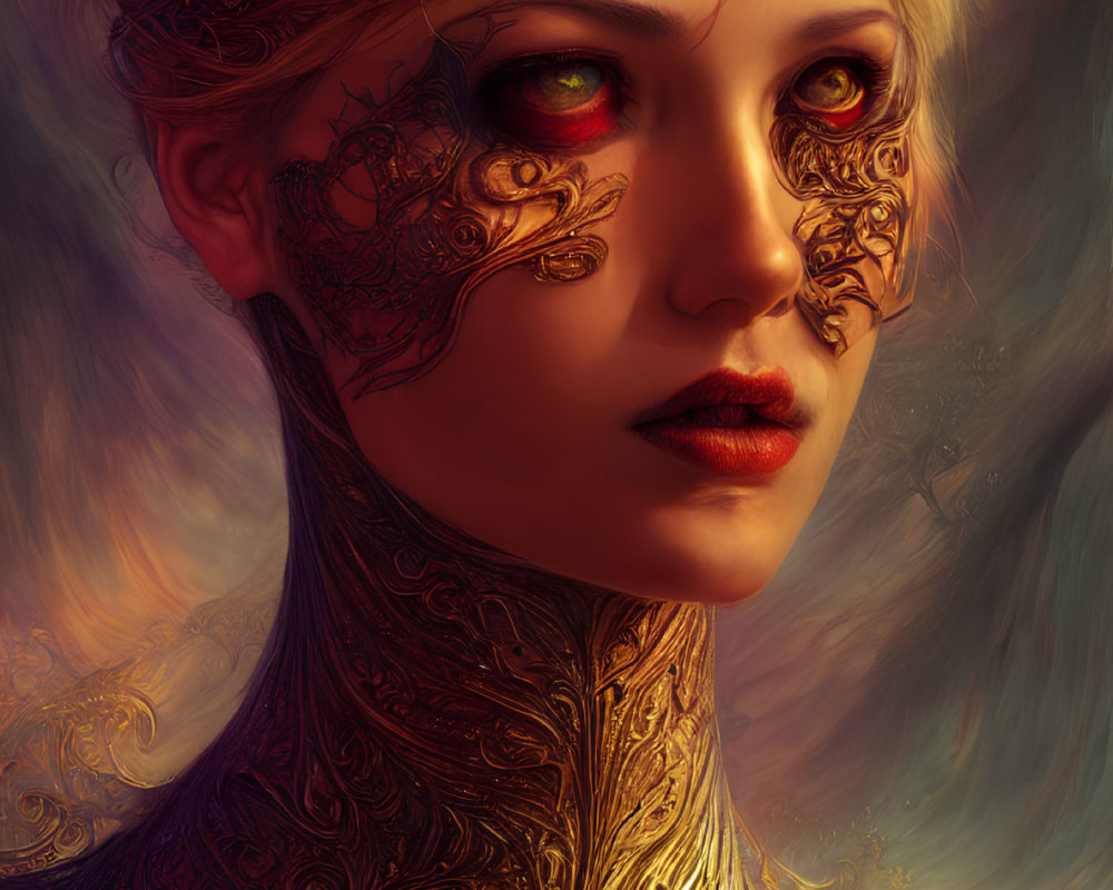 Digital portrait: Woman with golden ornate face and neck tattoos, red eyes, on warm abstract background